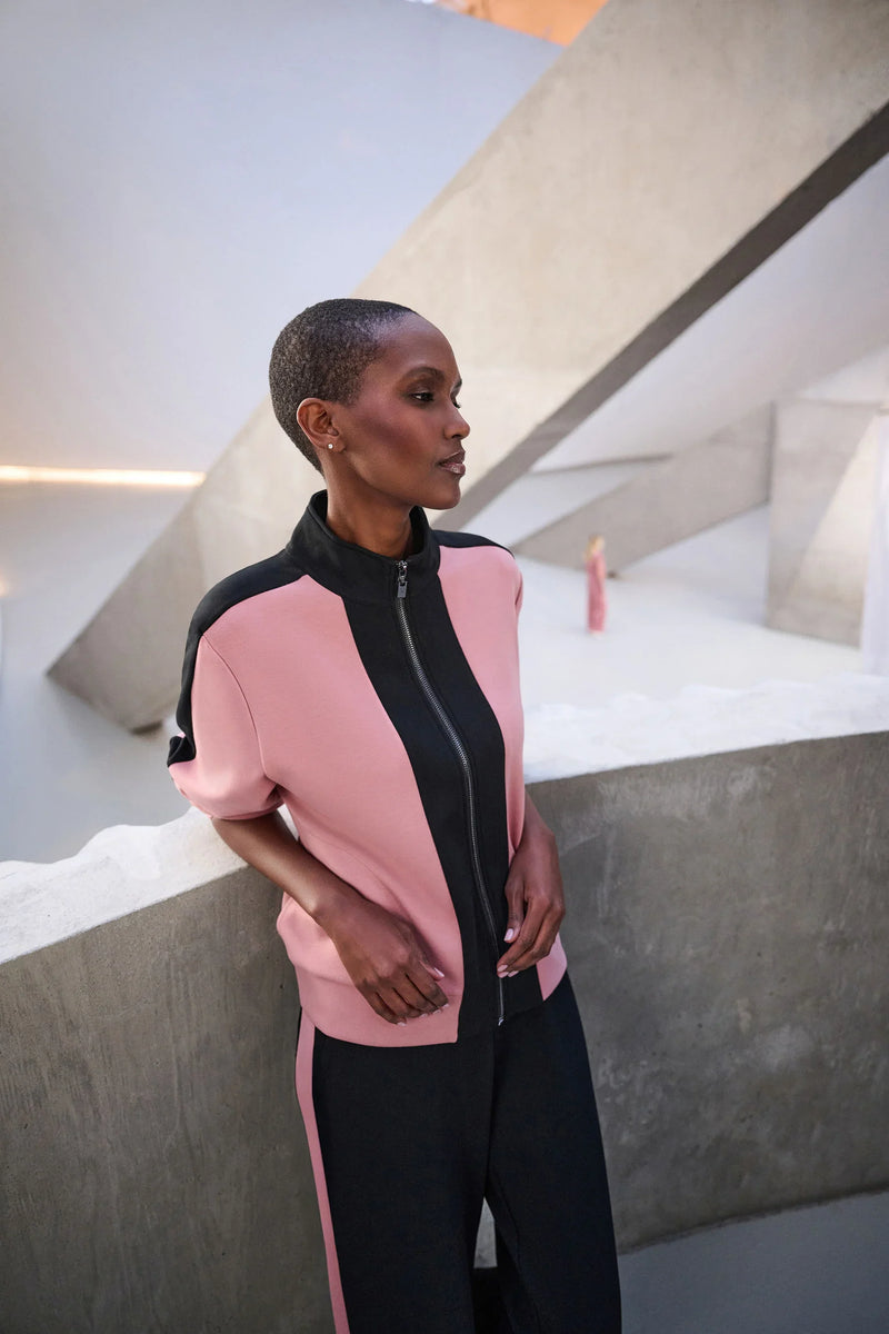 Zip-Jacke im Colourblock in Rosé und Schwarz mit Stehkragen